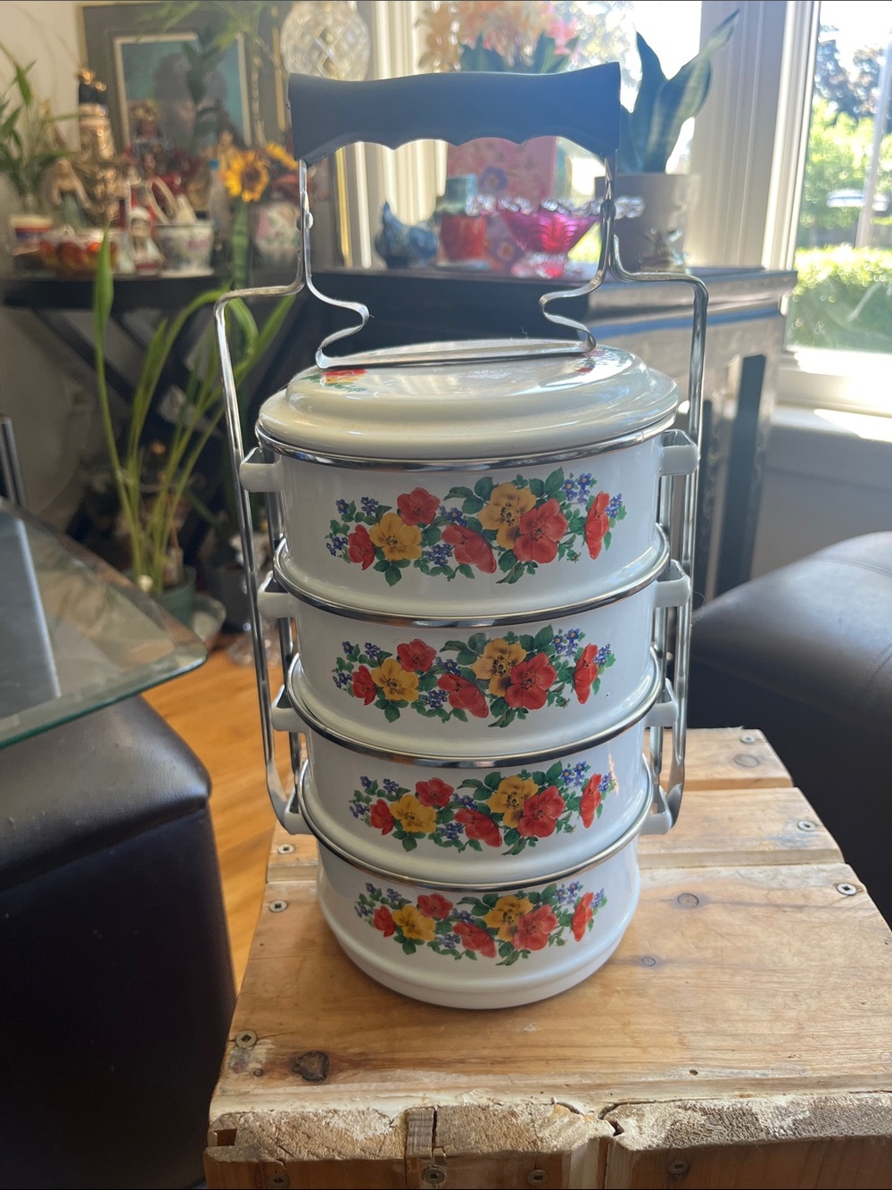 Vintage Floral Enamel Tiffin Lunch Carrier - White with Red & Yellow Flowers